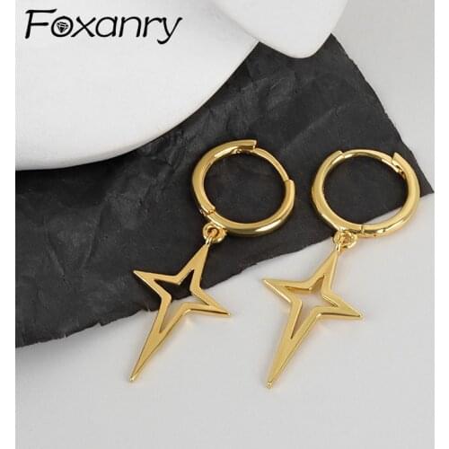 Foxanry 925 Sterling Silver Hoop Earrings for Women Summer New Trendy Hollow Star Pendant Party Jewelry Gifts Prevent Allergy