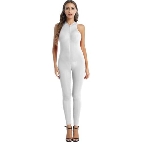 Women Stretchy See-through Jumpsuit Slim Fit Party Clubwear Sleeveless Bodycon Bodysuit Solid Color Zipper Lingerie Catsuit