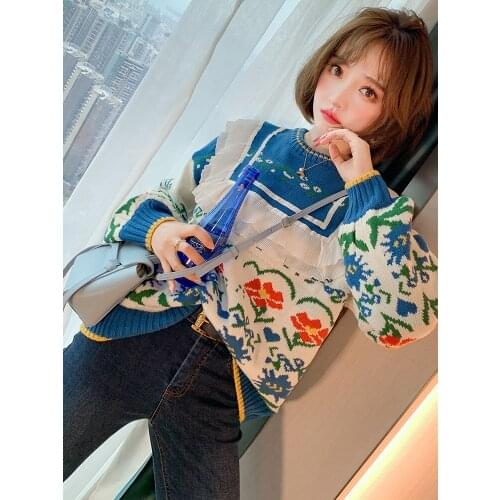 Mixed pattern stitching lotus lace loose knit sweater womens winter new High Quality Top Quality