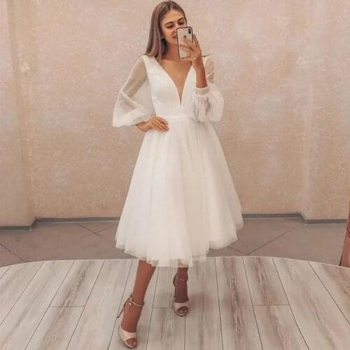 Vestido De Novia Deep V-neck Puffy Sleeve Short Wedding Dress Robe De Mariée Bride To Be Vestido De Fiesta De Boda suknia ślubna