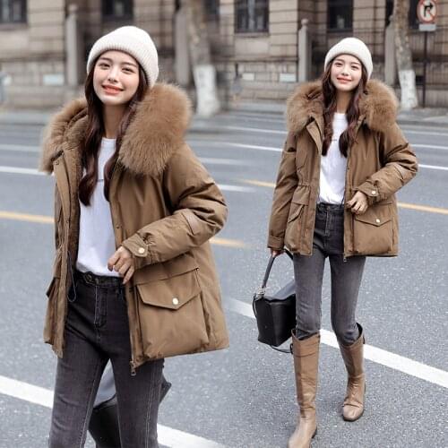 Winter Coat Women Jacket Korean Version of Short Big Fur Collar Pie Overcoming Loose Drawstring Waist Cotton-padded Plus Velvet