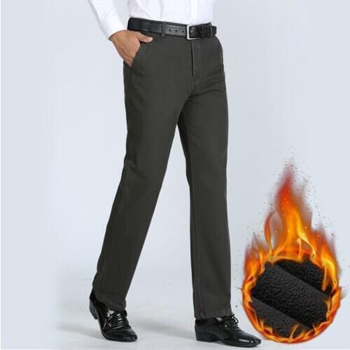 Winter Mens Fleece Warm Casual Pants Business Straight Cotton Thick Mens Brand Trousers