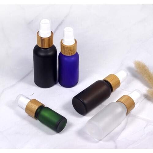 10ml 30ml 50ml Blue Frosted Glass Spray Bottle Cosmetic Wooden Bamboo Pump Flower Water Pure Dew Filling Container