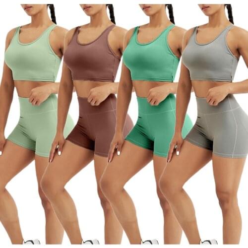 2 Pcs Women Sexy Yoga Outfits Adults Solid Color U-shaped Neck Cross Strap Tank Tops And Butt Lift Slim Shorts For Yoga/Fitness