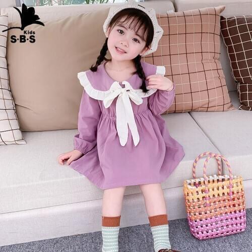 2019 Autumn Girl Dress Cotton Long Sleeve Kids Dresses with Bow Kids Casual Dresses for Girls Fashion Girls Clothes