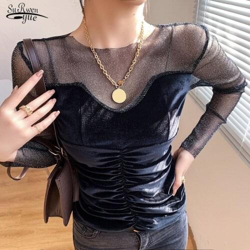 2021 Fashion Korea Mesh Women Blouse and Tops Office Lady O Neck Elegant Women Shirts Long Sleeve Solid Female Clothing 12942