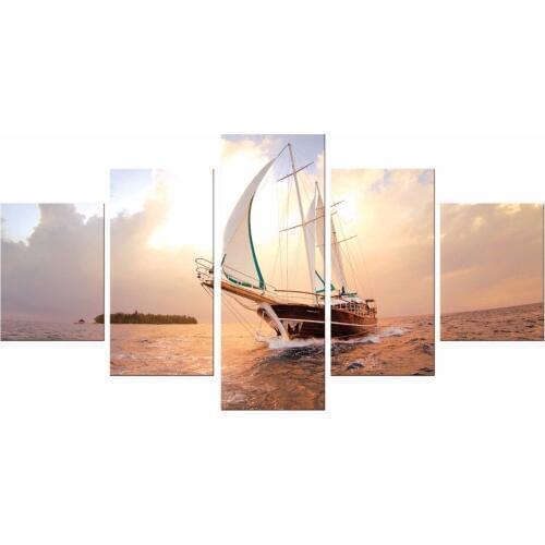 5 Pieces Free Shipping Modern Canvas Prints Sea Boat Sunset Painting Beach Seascape Decoracion Wall for Living Room Framed