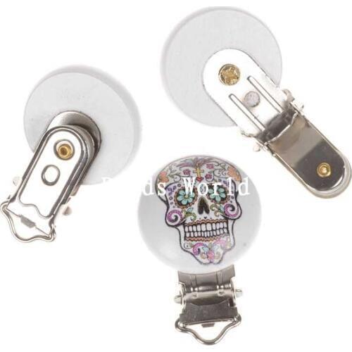 5 Pcs White Round Wood Baby Pacifier Clip Holders Skull Pattern Infant Soother Clasps Funny Accessories High Quality 45x29mm