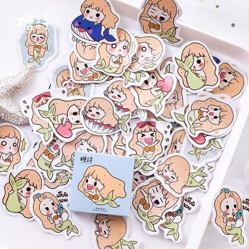 AAGU 45PCS/Pack Box Package Cartoon Mermaid Paper Decorative Sticker Scrapbooking Bullet Journal Stationery Sticker Cute