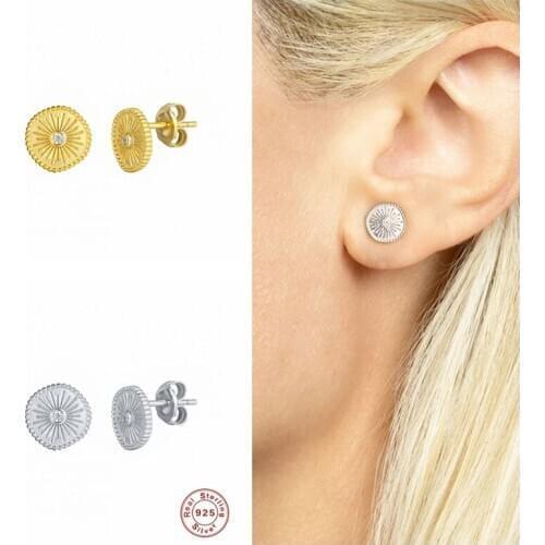 GS 925 Sterling Silver Elegant Small Round Plate Stud Earrings for Women Clear Cubic Zircon Sunlight Ear Stud Jewelry Gift