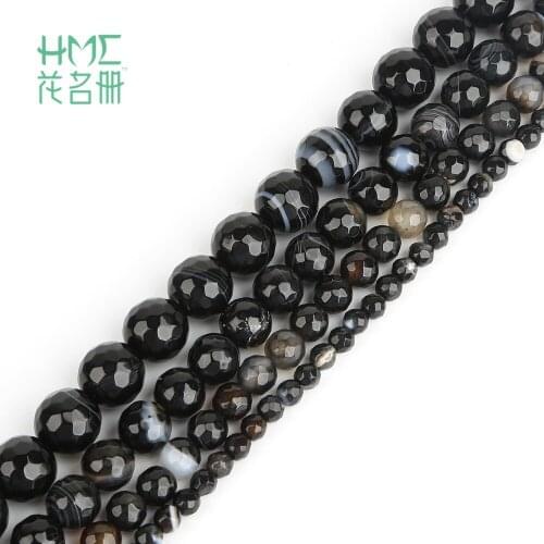 4 6 8 10mm Banded Stripe Black Dyed Natural Stone Beads Round Faceted Loose Beads for DIY Bracelet Jewelry Making Findings 15"