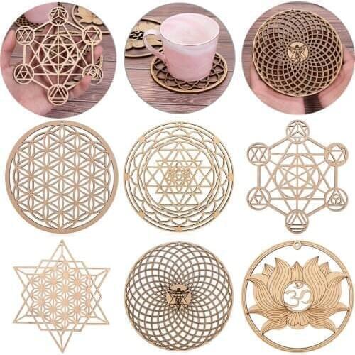 10/20cm Log Color Chakra Pattern Coaster Wood Creative Round Edge Circles Carved Coaster Flower of life Natural Symbol Decor