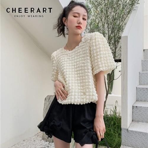 CHEERART Designer Puffy Plaid Summer Womens Tops And Blouses 2021 Fashion Short Sleeve Crew Neck Beige Top Korean Fashion