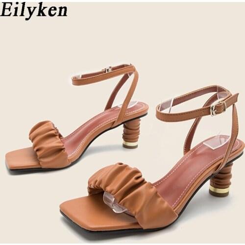 Eilyken 2021 New Pleated Women Sandals Fashion Square Toe Low High Heels Buckle Strap Women Sandals Shoes
