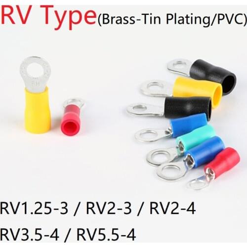 50pcs RV1.25-3 RV2-3 RV2-4 RV3.5-4 RV5.5-4 Wire Terminal Crimp Splice PVC Insulation Circular Round Cold Press Cable End Connect
