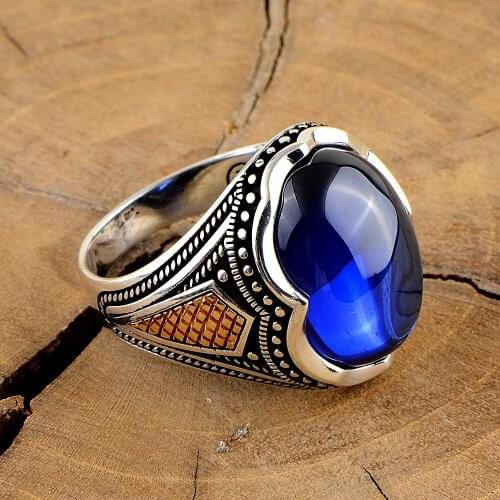 Sapphire Stone Ring , Men Handmade Silver Ring , Handcrafted Ottoman Men Ring , Turkish handmade , Gift for H