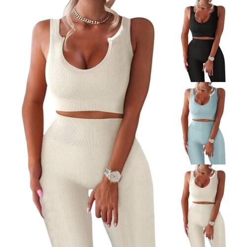 Women Sports Set Leggings Two-Piece Sleeveless Seamless Ribbed Crop Tank High Waist Yoga Pants Sets Conjunto Deportivo Mujer
