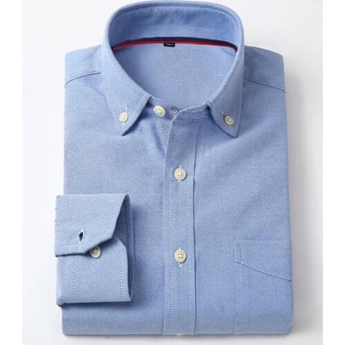 2019 New Oxford Men Shirt Brand Fashion Business Formal Slim Fit Breathable Social Solid/Striped Casual Blue Design Male Clothes