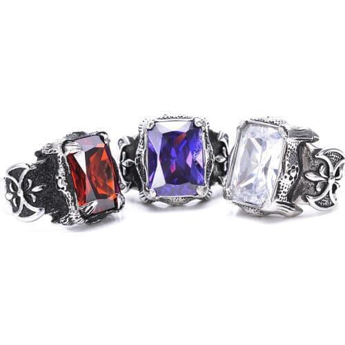 Mens Purple Red CZ Fleur De Lis Axe Silver color 316L Stainless Steel Ring The purple red white three color gem is optional