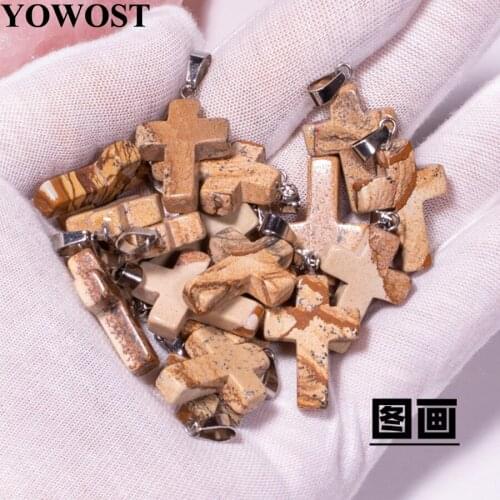 Wholesale 10Pcs/Lot Owyhee Picture Natural Stone Charms Pendants Cross Shaped Dangle Beads QV0055