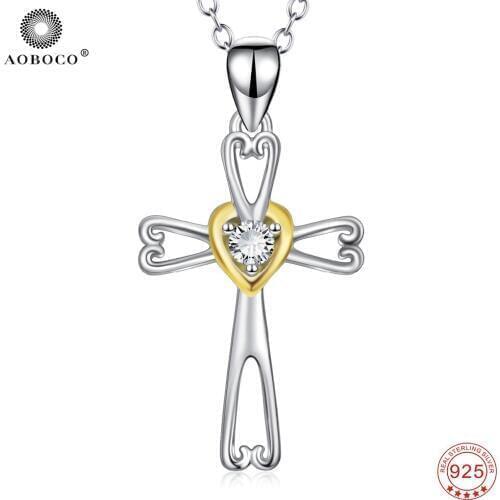 AOBOCO 925 Sterling Silver Cross Love Heart Pendant Necklace Cute Necklace For Teen Girls Women Fine Jewelry For Friends PYX0312