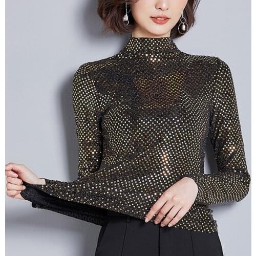 New 2020 Spring Women Blouses half turtle neck Fashion Sequin Embroidered long-sleeved fashion Casual Shirt Plus Size 3XL 314B