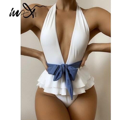 In-X Deep v-neck one piece swimsuit women Bandage swimwear female Ruffle bathing suit Solid monokini beach wear bodysuit 2021