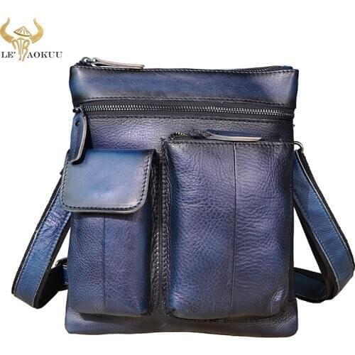 Genuine Leather Male Design Shoulder Messenger bag Casual fashion Cross-body Bag 10" Tablet School University Student bag 308