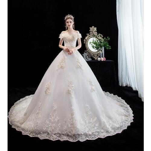 Wedding Dress 2021 Short Sleeve Elegant Boat Neck Court Train Ball Gown Princess Luxury Dride Dress Custom Size