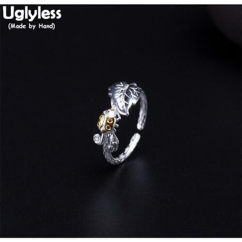 Uglyless 100% Real 925 Sterling Silver Handmade Ladybug Finger Rings for Women Ethnic Leaf Open Rings Lovely Insect Fine Jewelry