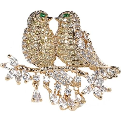 LADYCHIC Top Quality Gold Color with Cubic Zircon Double Birds Brooch Pins Fashion Lovely Yellow Crystal Women Jewelry LH1003