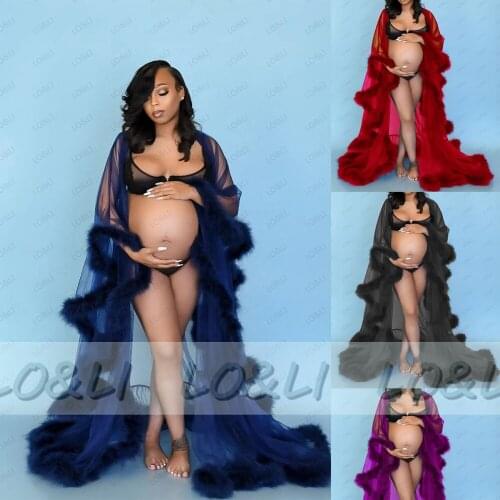 LO&LI Women Sleepwear Feather Bathrobe Long Wedding Bridal Robe Scarf Illusion Nightgown Perspective Sheer Maternity Pajamas