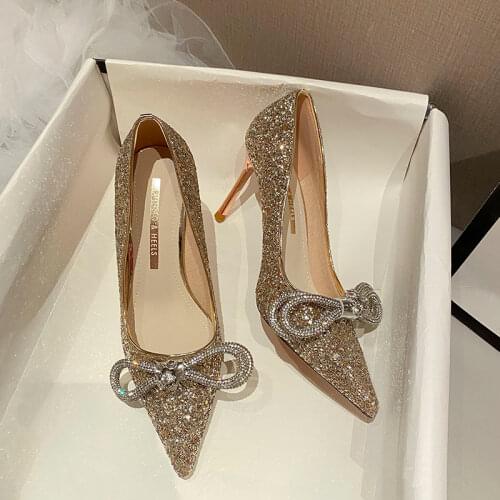 Pointed High Heels Womens Rhinestone Bow 2021 New Wedding Shoes Sequined Crystal Shoes Size Small Size 31-43 Pumps Women Shoes