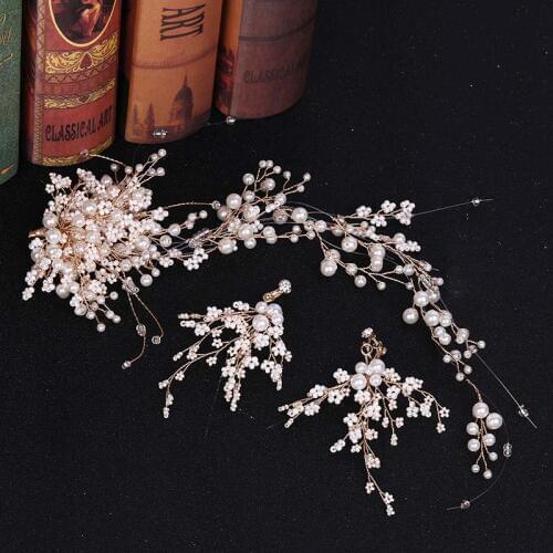 Women Girl Dating Wedding Party Elegant Flower Simulated Pearls Crystal Headbands Drop Earrings Jewelry Sets for Bridal Bride