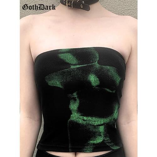 Goth Dark Techwear Punk Y2k Black Crop Tops Gothic Cyber Grunge Bodycon Women Strapless Print Backless Summer Sexy Basic Cropped