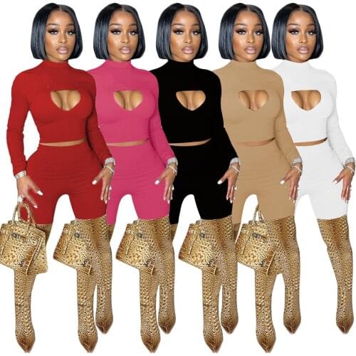 Casaul Women Biker Two Piece Set Hollow Out Shirt And Long Pants Solid Color Tracksuit Matching Set For Women Outfit