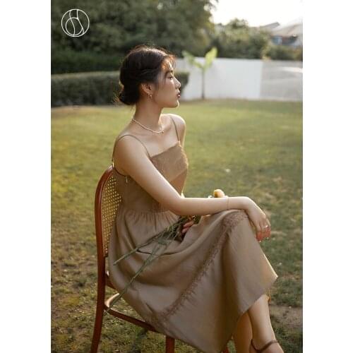 DUSHU LOOSE Office Lady Casual Womens Stitching Lace Suspender Dress 2021 Summer New Sweet Long Brown Women Boho Dress