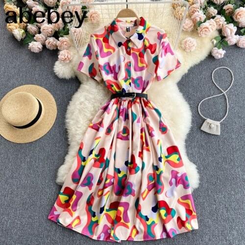 Women Bohemian Print Dress Puff Sleeve Turn Down Collar Sashes A line Dresses Summer Boho Casual Holiday Midi Dress