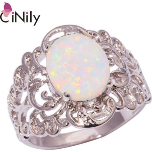 CiNily Silver Plated Created White Fire Opal Wholesale Fashion for Women Jewelry Gift Wedding Ring Size 5-12 OJ6729
