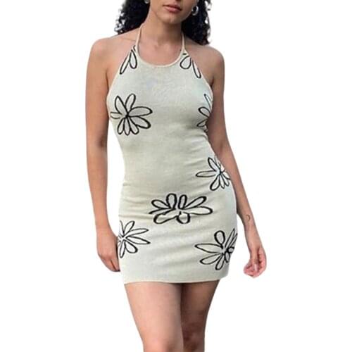 Women Knit Halter Dress, Adults Slim Fit Tie Up Flower Print U-shaped Neck