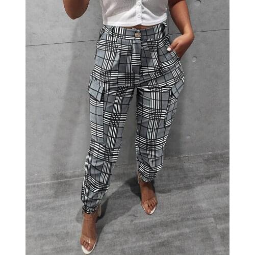 Fashion Trousers Women Pants Plaid Pleated High Waist Skinny Pencil Pants Trousers with Sash Female Casual Joggers women