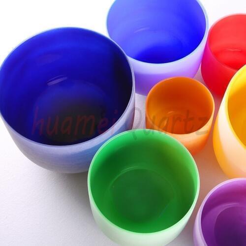 432hz Chakra Tuned Set of 7 Colored Frosted Quartz Crystal Singing Bowls 8 "-12" with Free Suede Mallet and O-Ring