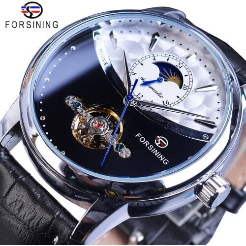 Forsining Man Watch Relogio Automatic Mechanical Black White Moon Phase Business Skeleton Tourbillon Leather Band Masculino 2019