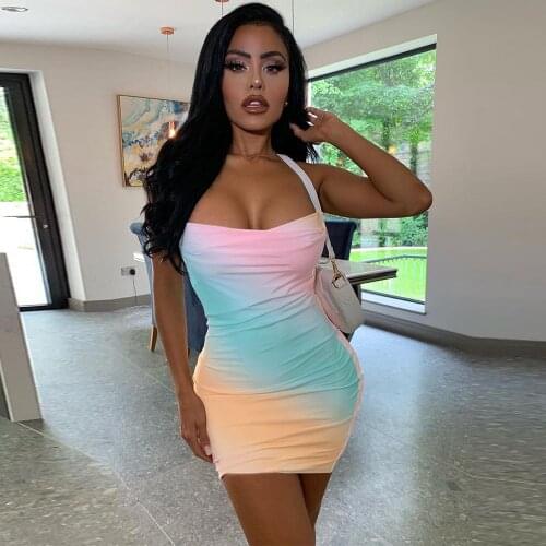 Rainbow Gradient Print Summer Beach Mini Dress Women Low Neck Sleeveless Party Club Dress Fashionable Female Backless Vestido