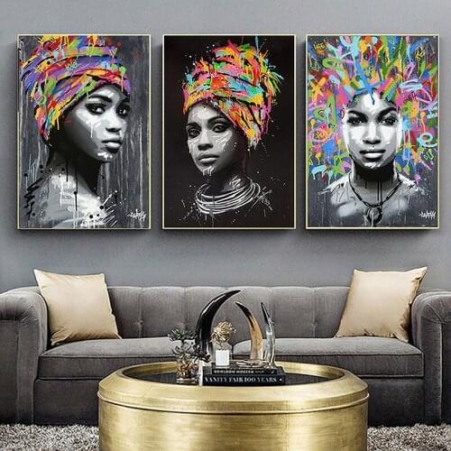 Graffiti Art African Woman Canvas Painting Modern Street Art Posters and Prints Wall Art Portrait Pictures for Home Decoration