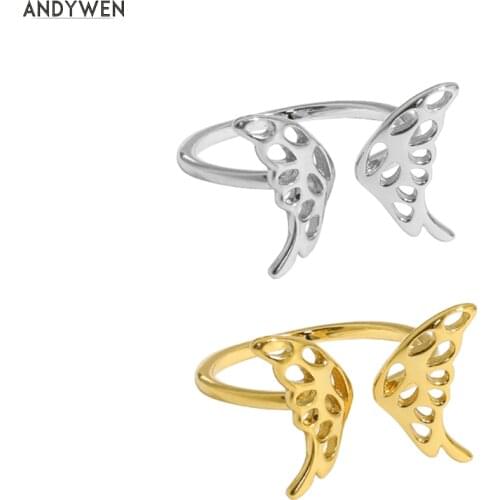 ANDYWEN 925 Sterling Silver Gold Open Butterfly Resizable Rings Women Fashion Fine Jewelry 2021 Crystal Luxury Jewelry