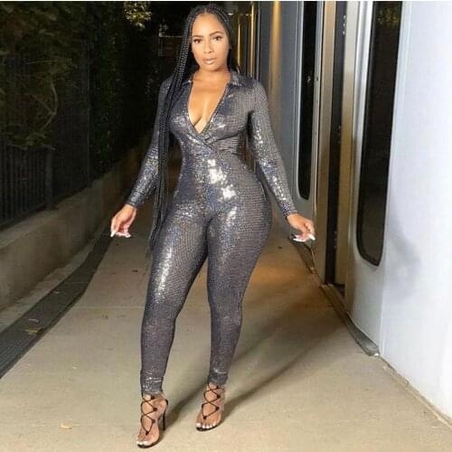 Stunning Shiny Jumpsuit Women Sexy Mesh Sheath Body-Shaping Party Style Midnight Long Sleeve V-Neck Female High Streetwear
