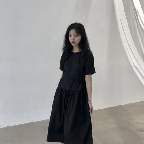 Summer womens new round neckline drawstring waist long dress child version A thin womens fashion short-sleeved dress
