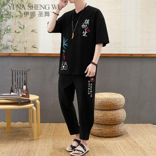 Linen Shirt Male Short-Sleeved Kimono Tops Pants Chinese Style Embroidery Shirt Retro Men Thin Large Size Loose Japanese 2Pc/Set