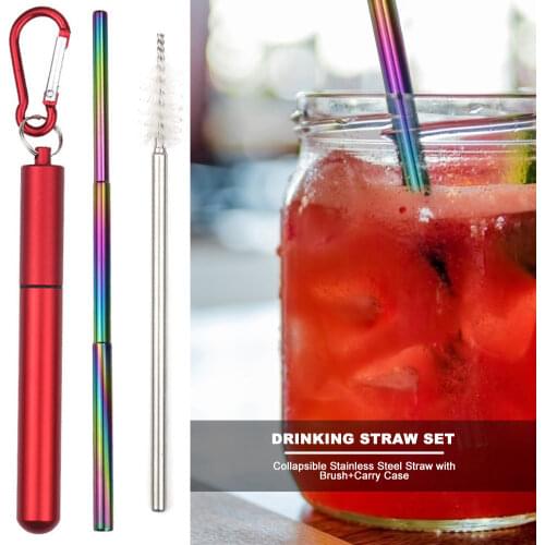 Reusable Stainless Steel Straws with Aluminum Keychain Case Cleaning Brush Collapsible Telescopic Portable Drinking Straws